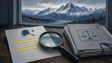 AI illustration of a ballot with two highlighted lines under a magnifying glass beside an evidence folder, with Alaska mountains in the window