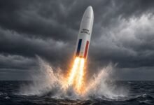 AI-generated illustration of a French-flagged ballistic missile launching from the ocean under a stormy sky