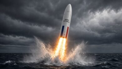 AI-generated illustration of a French-flagged ballistic missile launching from the ocean under a stormy sky