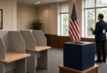 Polling place with voting booths, ballot box and an election observer