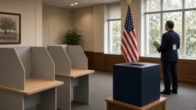 Polling place with voting booths, ballot box and an election observer