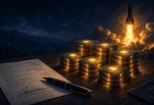 Illustration of glowing computer chips stacked like gold bars beside a signed loan document as a rocket lifts off