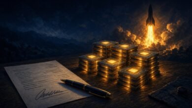 Illustration of glowing computer chips stacked like gold bars beside a signed loan document as a rocket lifts off