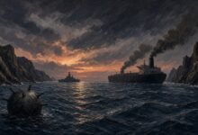 Illustration of a warship and a smoking oil tanker in a narrow strait with a sea mine in the foreground