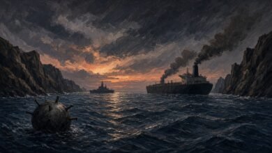 Illustration of a warship and a smoking oil tanker in a narrow strait with a sea mine in the foreground