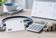 A blank insurance card, stethoscope, calculator and rising stacks of coins beside a desk calendar