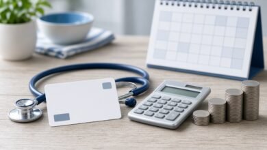 A blank insurance card, stethoscope, calculator and rising stacks of coins beside a desk calendar