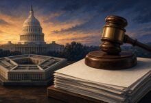 Illustration of a gavel on a stack of papers beside a model of the Pentagon with the U.S. Capitol dome at twilight