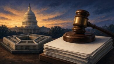 Illustration of a gavel on a stack of papers beside a model of the Pentagon with the U.S. Capitol dome at twilight