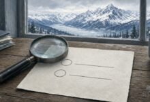 Illustration of a blank ballot with two nearly identical name lines under a magnifying glass, with Alaskan mountains outside the window