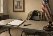 Illustration of an empty polling table with a blank clipboard, a camera hidden in a jacket on a chair and a judge's gavel