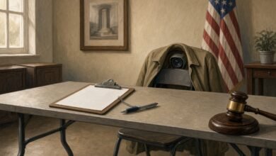 Illustration of an empty polling table with a blank clipboard, a camera hidden in a jacket on a chair and a judge's gavel