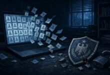 Illustration of anonymous ID card icons spilling from a laptop screen beside a cracked shield emblem and a broken padlock