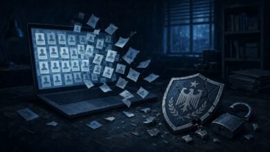 Illustration of anonymous ID card icons spilling from a laptop screen beside a cracked shield emblem and a broken padlock