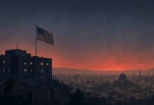 Illustration of a U.S. embassy silhouette at dusk under a red sky with a faint crosshair overlay