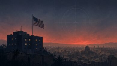 Illustration of a U.S. embassy silhouette at dusk under a red sky with a faint crosshair overlay