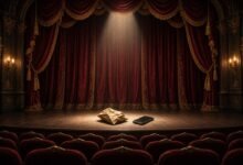 AI-generated illustration of an empty ornate concert hall stage with a crumpled envelope and a face-down phone