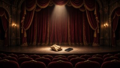 AI-generated illustration of an empty ornate concert hall stage with a crumpled envelope and a face-down phone