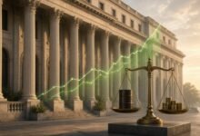 A columned stock exchange building with a rising green market line and a scale balancing an oil barrel against stacked coins