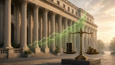 A columned stock exchange building with a rising green market line and a scale balancing an oil barrel against stacked coins