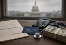 Medical bill, insurance card, calculator and cash on a desk with the U.S. Capitol in the background