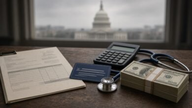 Medical bill, insurance card, calculator and cash on a desk with the U.S. Capitol in the background