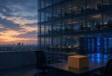 Illustration of an empty glass office tower at dusk with a packed cardboard box on a desk and glowing server racks inside