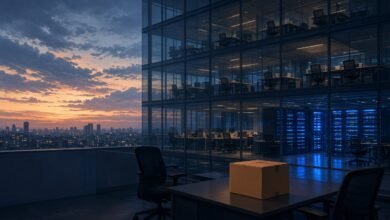 Illustration of an empty glass office tower at dusk with a packed cardboard box on a desk and glowing server racks inside