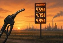 Illustration of a gas pump nozzle and price sign in front of an oil refinery at sunset over Midwest fields