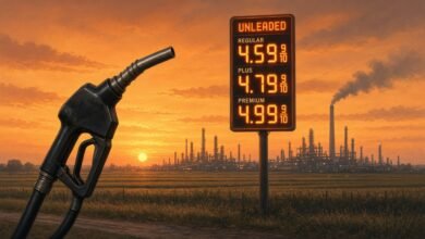 Illustration of a gas pump nozzle and price sign in front of an oil refinery at sunset over Midwest fields