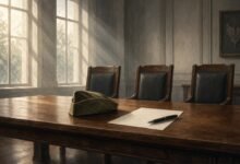 Illustration of an empty military hearing room with three chairs, a garrison cap and a findings sheet on the table