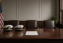 Empty military hearing room with a Navy officer's cover and a Marine Corps officer's cover on the table