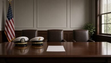 Empty military hearing room with a Navy officer's cover and a Marine Corps officer's cover on the table