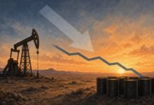 Illustration of an oil pumpjack and barrels at dawn under a falling price line