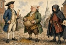 Storybook-style illustration of a colonial patriot in a tricorn hat, a pig in a politician's waistcoat clutching a sack of gold coins, and a hooded traitor holding a dagger and sealed letter on a colonial street
