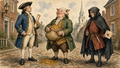 Storybook-style illustration of a colonial patriot in a tricorn hat, a pig in a politician's waistcoat clutching a sack of gold coins, and a hooded traitor holding a dagger and sealed letter on a colonial street