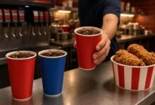 Red and blue soda cups beside a bucket of fried chicken