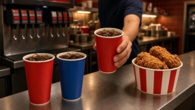 Red and blue soda cups beside a bucket of fried chicken