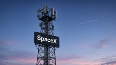 Cell tower with a SpaceX sign at dusk