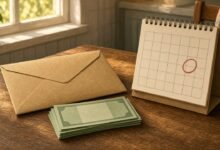 Illustration of a benefits envelope, paper currency and a desk calendar with a date circled
