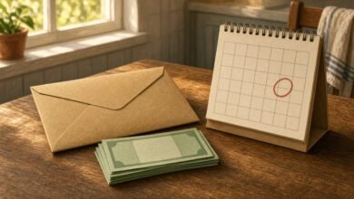 Illustration of a benefits envelope, paper currency and a desk calendar with a date circled