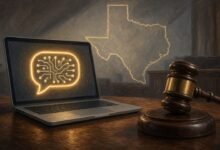 Illustration of a laptop showing an AI chat icon beside a gavel with an outline of Texas in the background