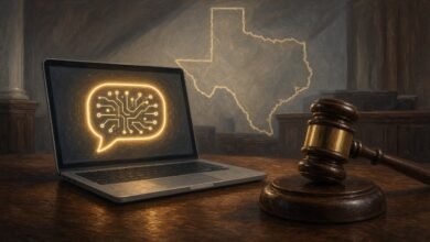 Illustration of a laptop showing an AI chat icon beside a gavel with an outline of Texas in the background