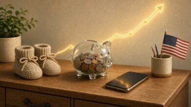Illustration of a glass piggy bank with coins beside baby booties, a smartphone and a small American flag, with a rising chart line on the wall
